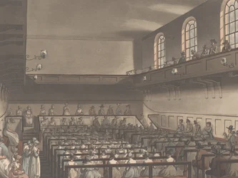 Encontro de Quaker do Repositório de Artes de Ackermann, fotografado por Joseph Constantine Stadler (fl.1780-1812), 1804 (aquatint)